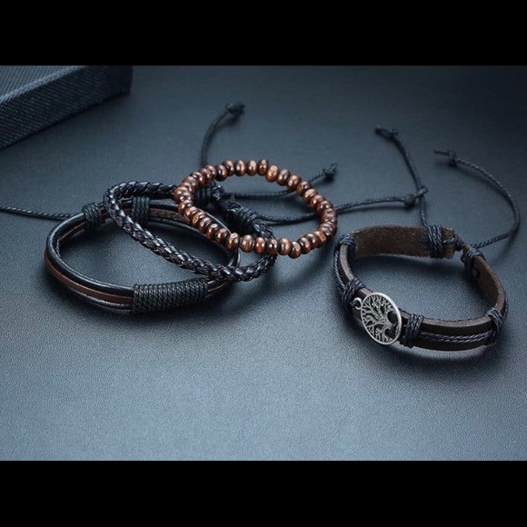 Boho Leather Bracelets 4 Piece Tree of Life Black and Brown OS NEW - Picture 4 of 6